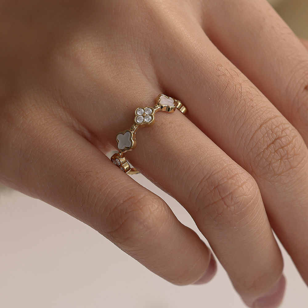 Diamond Lucky Flower And Shell Flower Stainless Steel Ring    