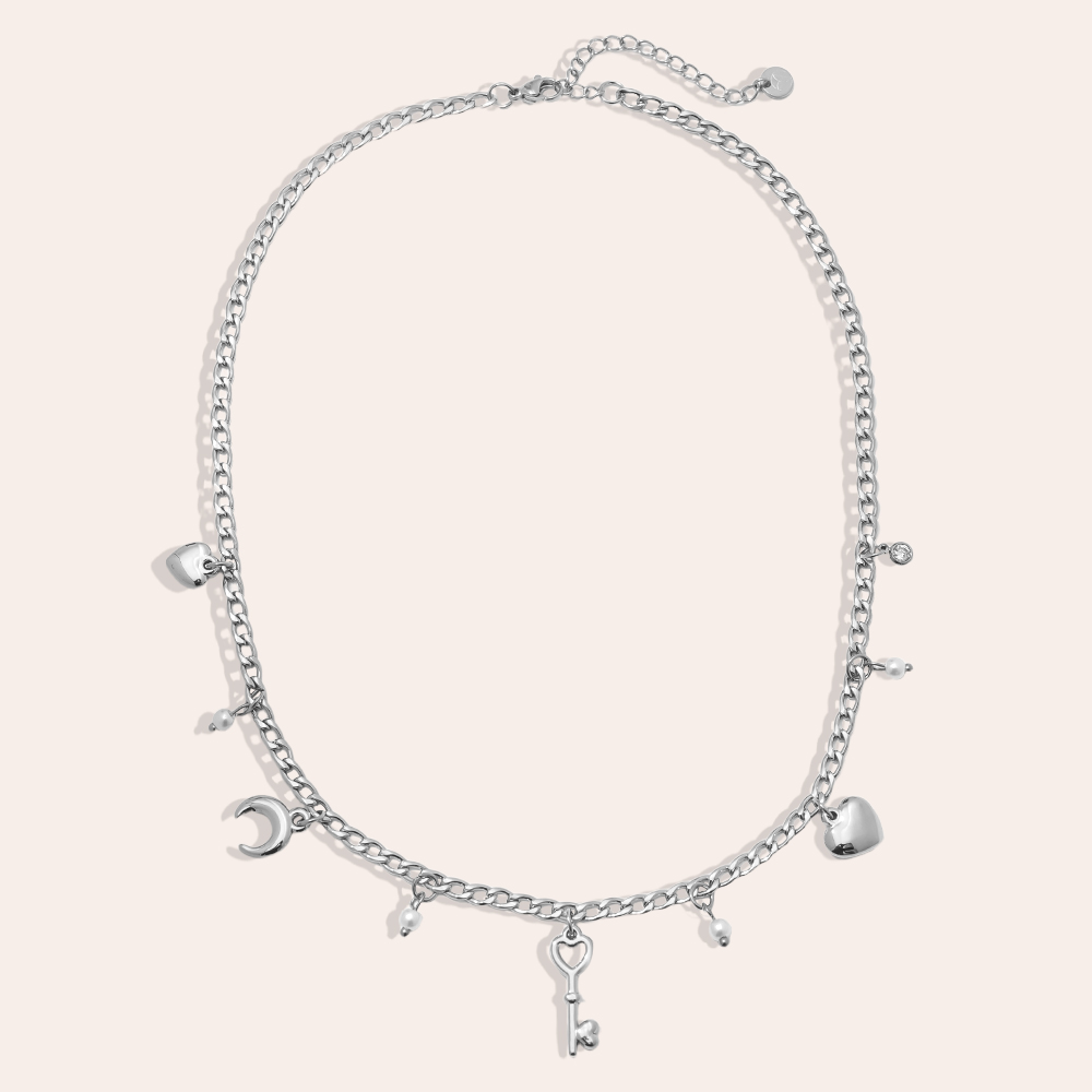 41cm heart moon key and pearl stainless steel necklace