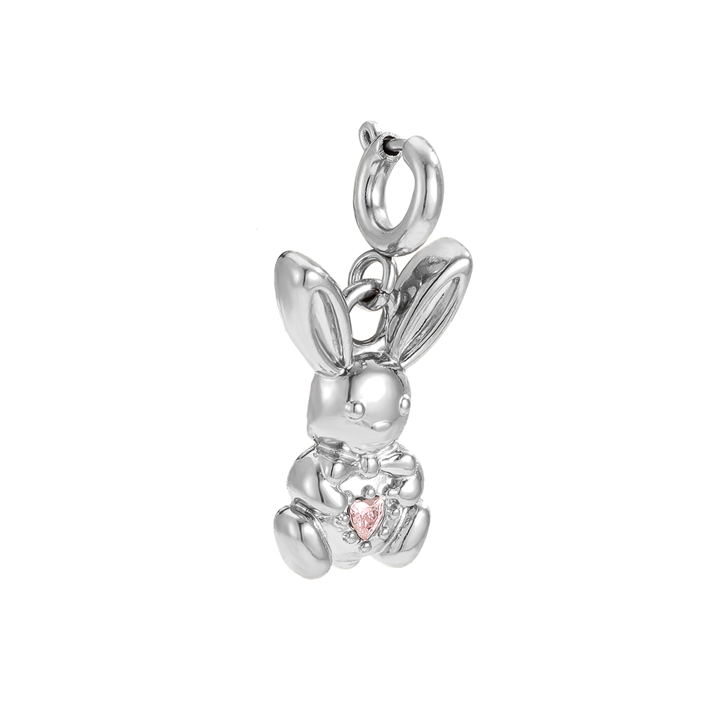 14mm cute rabbit and zirconia with spring clasp stainless steel pendant      