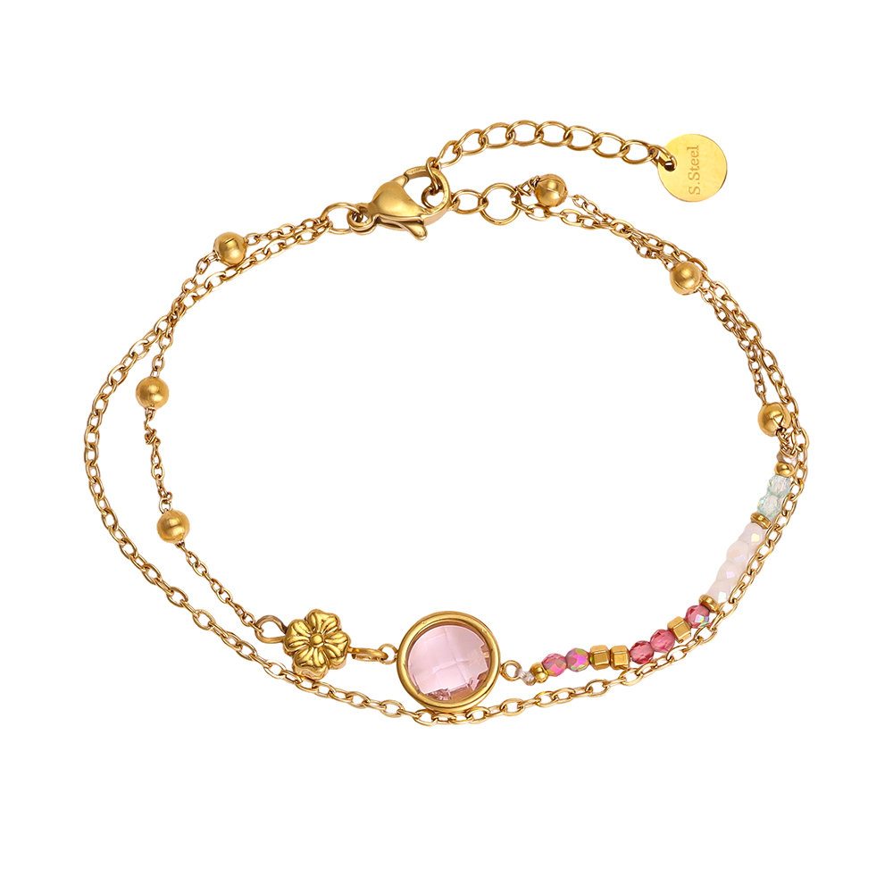Stainless steel bracelet, 17 cm, with a round pink cubic zirconia and a small gold flower
