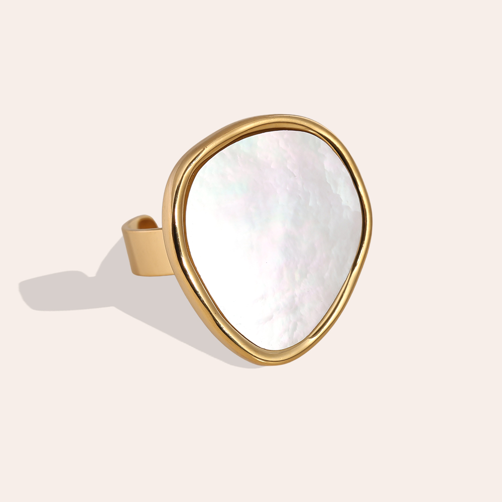 Adjustable one irregular mother-of-pearl plate stainless steel ring    