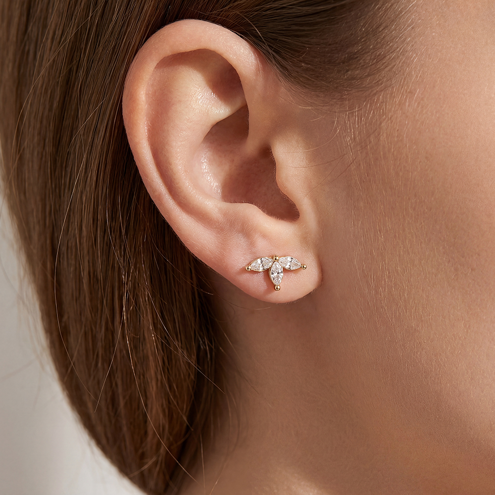8mm zirconia leaf stainless steel earrings      