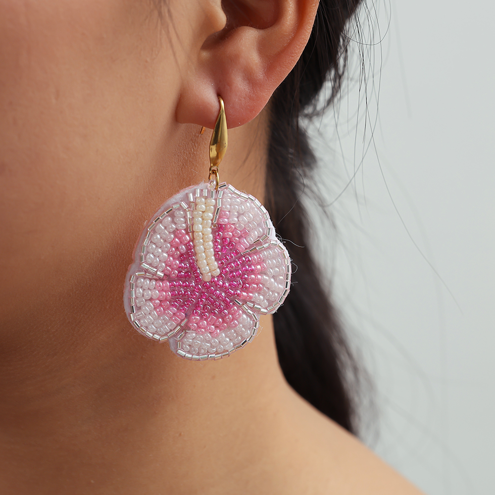 65mm Pink Beads Flowers Stainless Steel Earrings