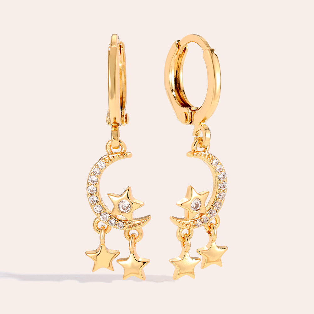 3.2cm Diamond Moon And Mini Stars Gold Plated Earrings        