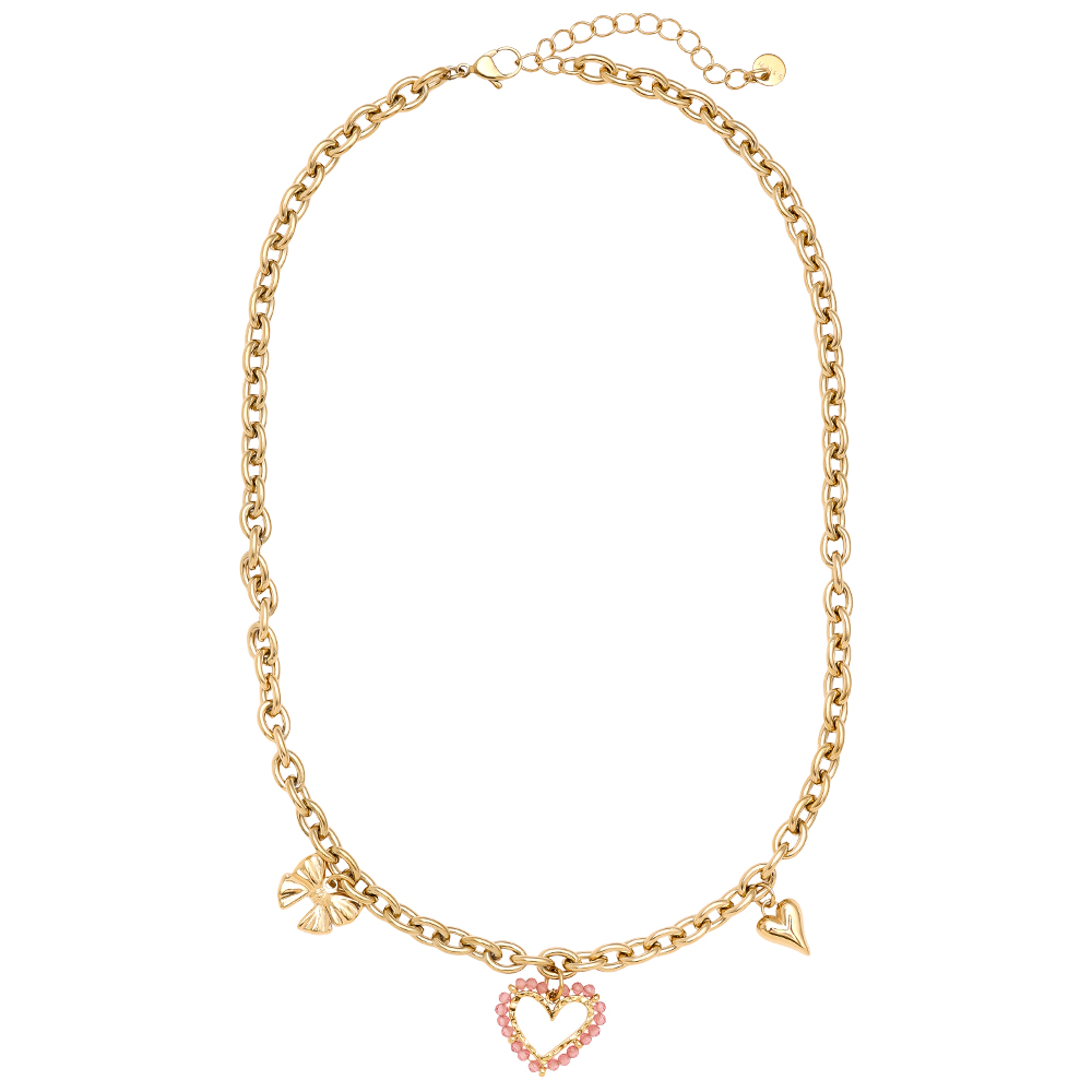 42cm Pink Heart And Charms Stainless Steel Necklace      