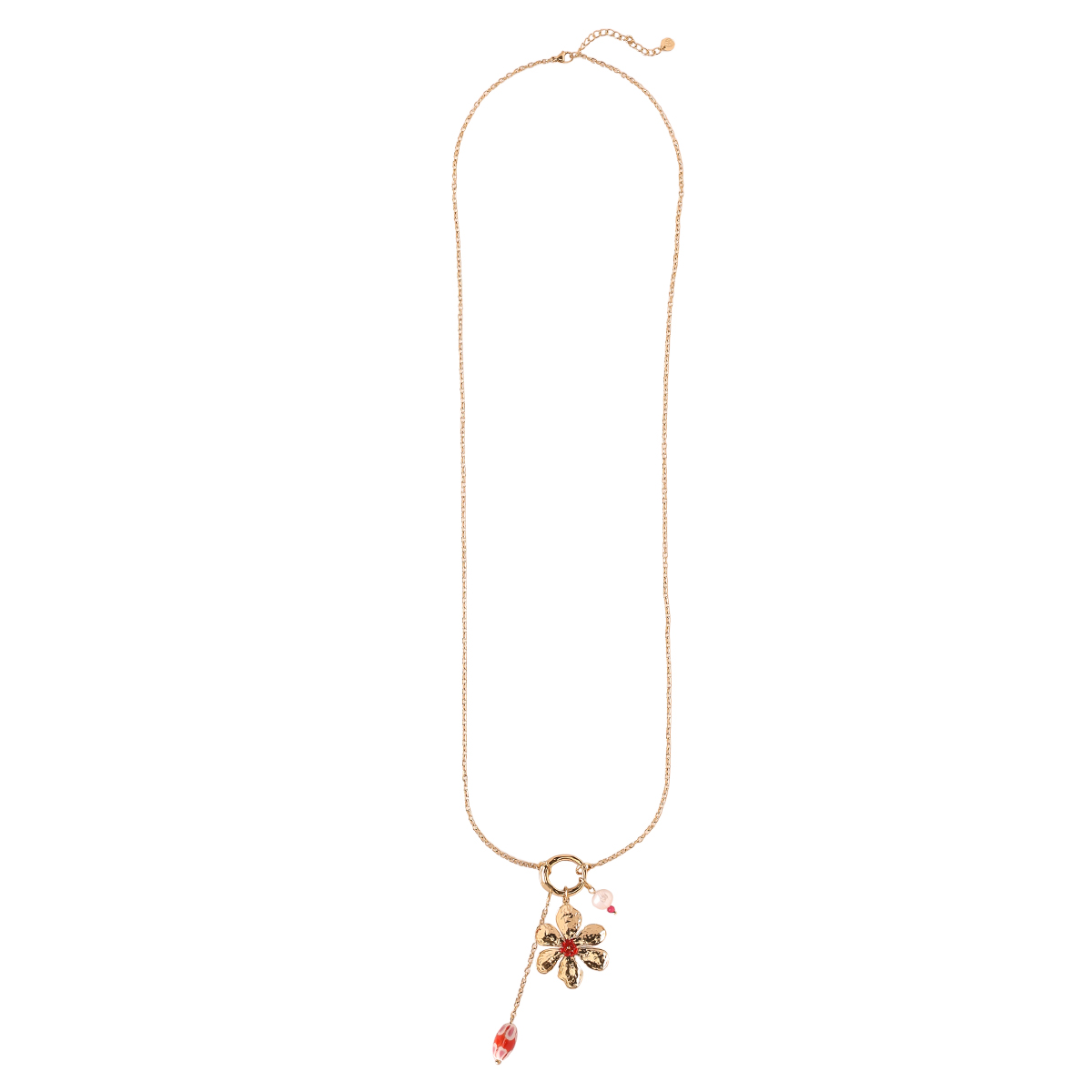 Stainless steel necklace, 80cm, with a large flower and red decoration  