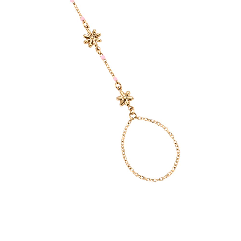 17cm flower and small pink beads hand chain stainless steel bracelet     