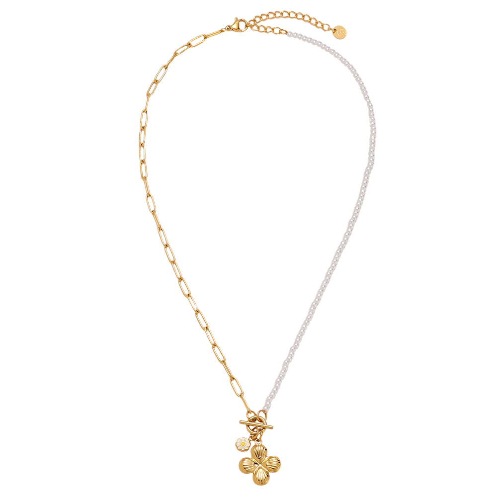 Stainless steel necklace 40cm half-sided faux pearl chain and flower