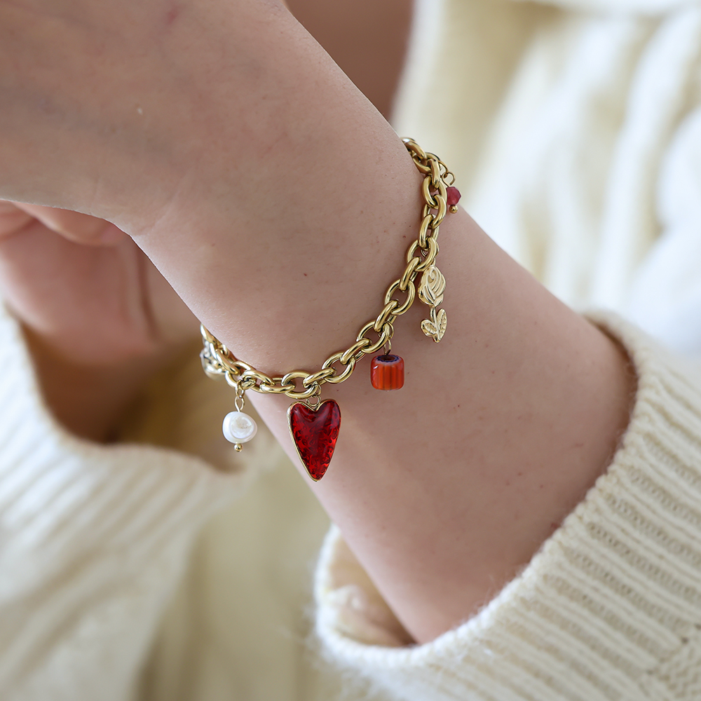 17cm red heart flower bead and flying dove stainless steel bracelet      