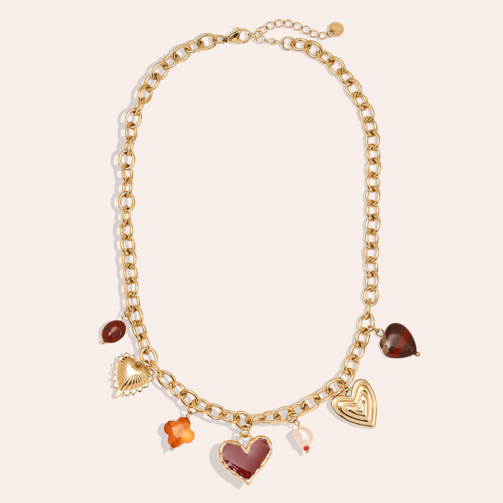 40cm Red Heart And Charms stainless steel necklace      