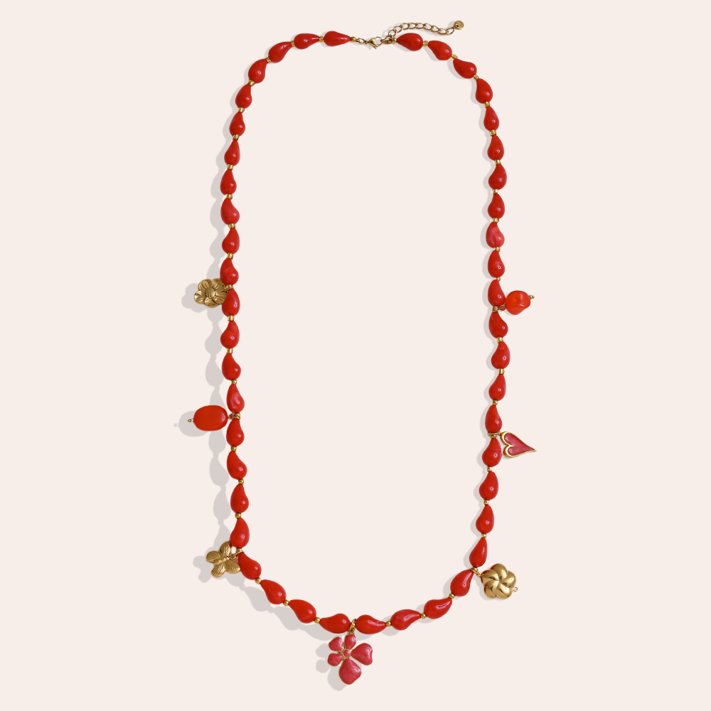 89cm necklace with resin drops and golden butterfly, flower, heart stainless steel necklace     