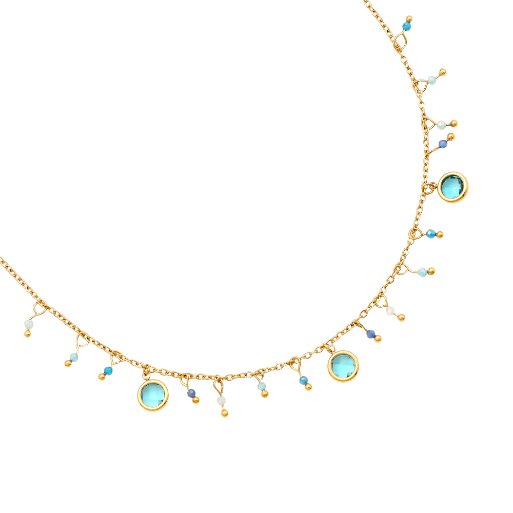 40cm blue glass beads and blue crystals stainless steel necklace  