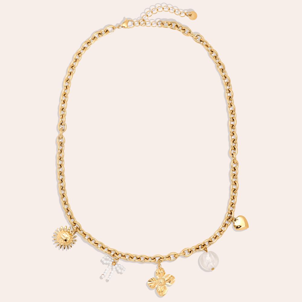 43cm sun, flower, heart and pearl pendant stainless steel necklace