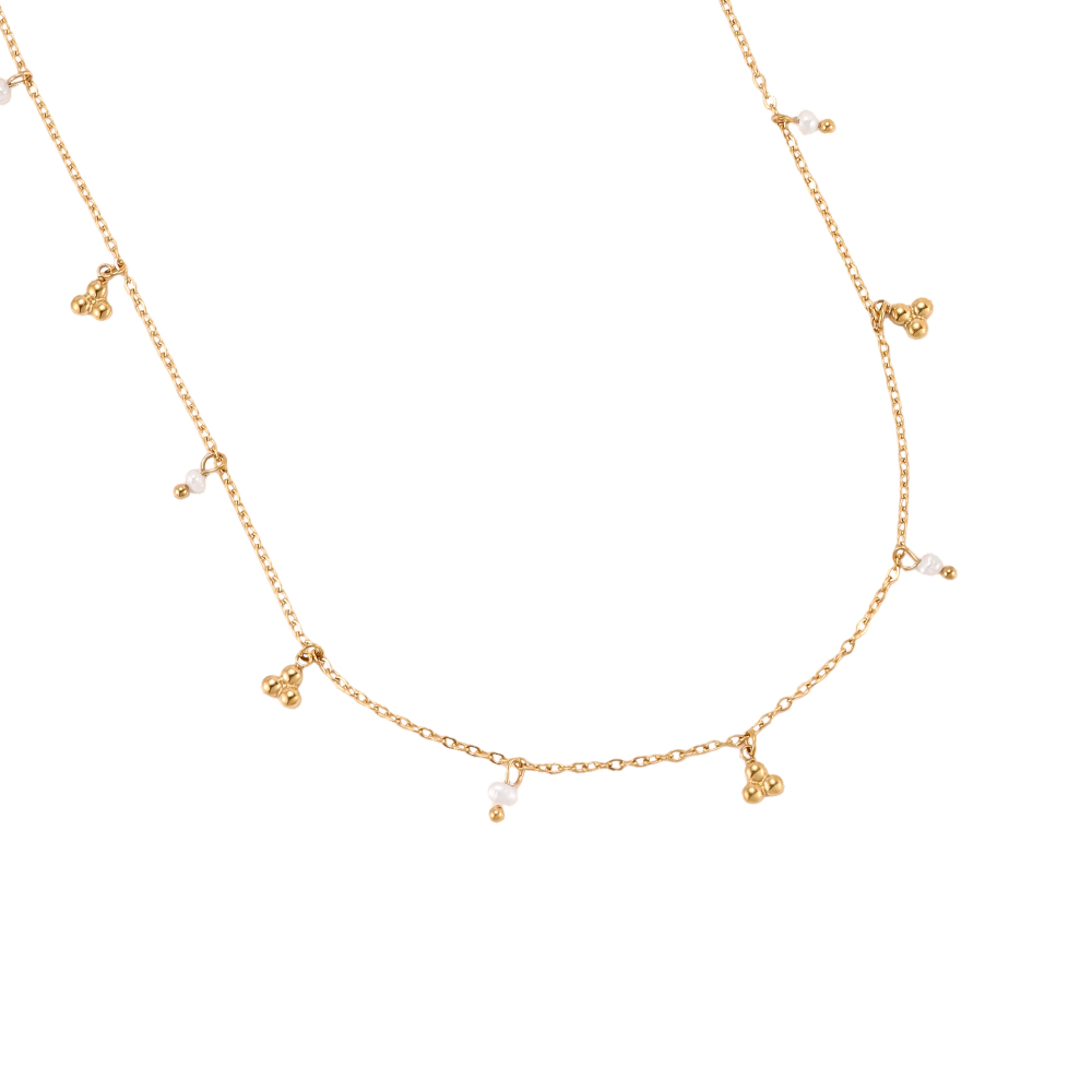 Stainless steel necklace, 42cm, with beads and gold dots