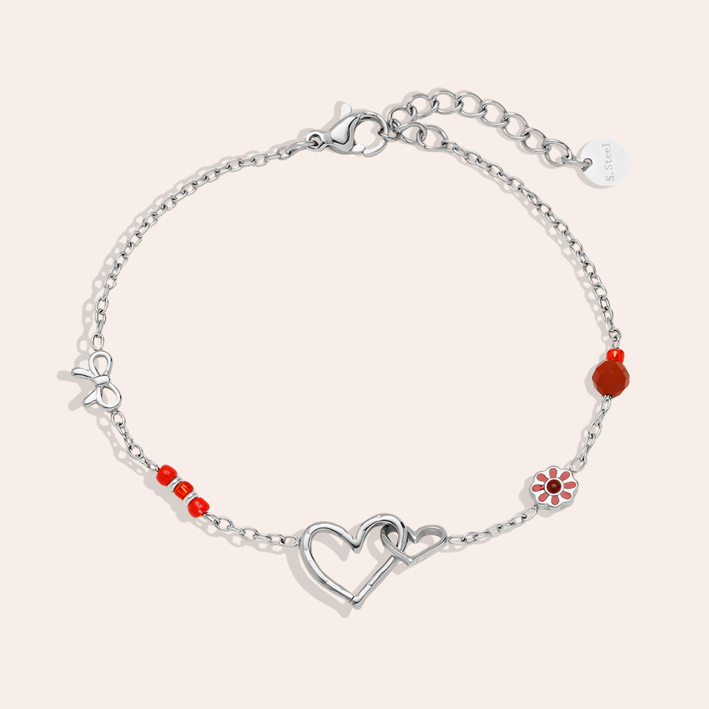 17cm heart bow and red flower stainless steel bracelet    