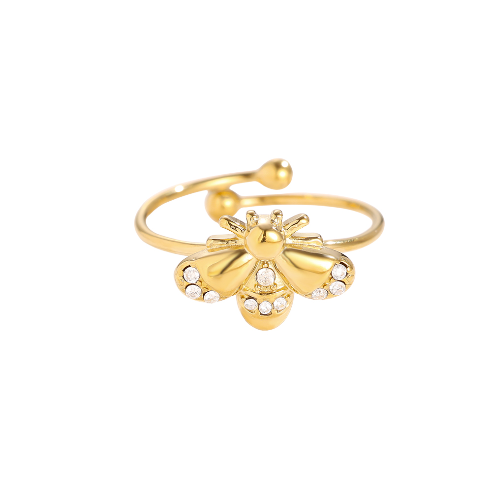 Adjustable rhinestone bee stainless steel ring