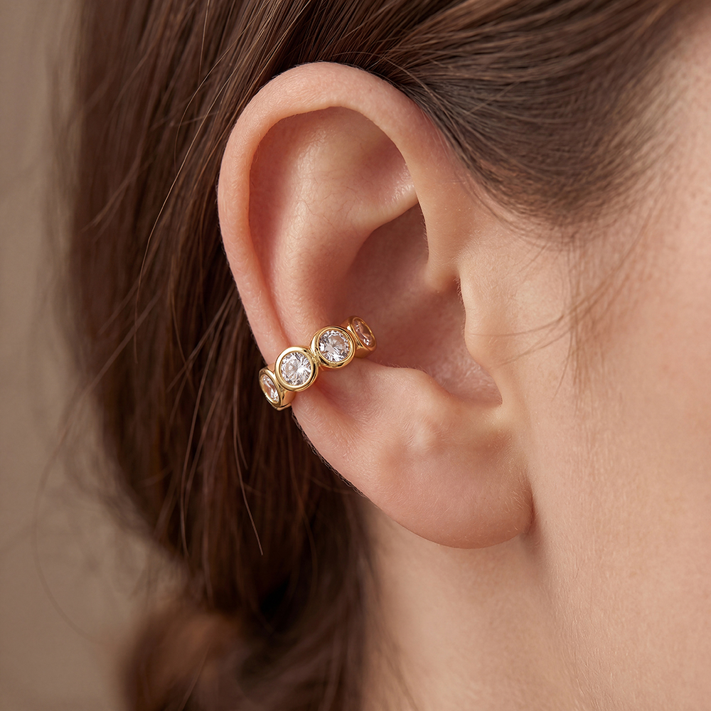 Gold-plated ear cuffs 14mm large round zirconia  