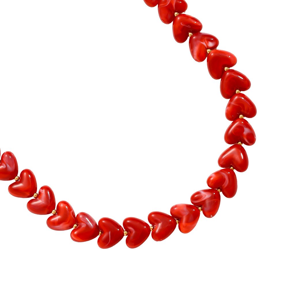 42cm Red Acrylic Heart Chain Stainless Steel Necklace   