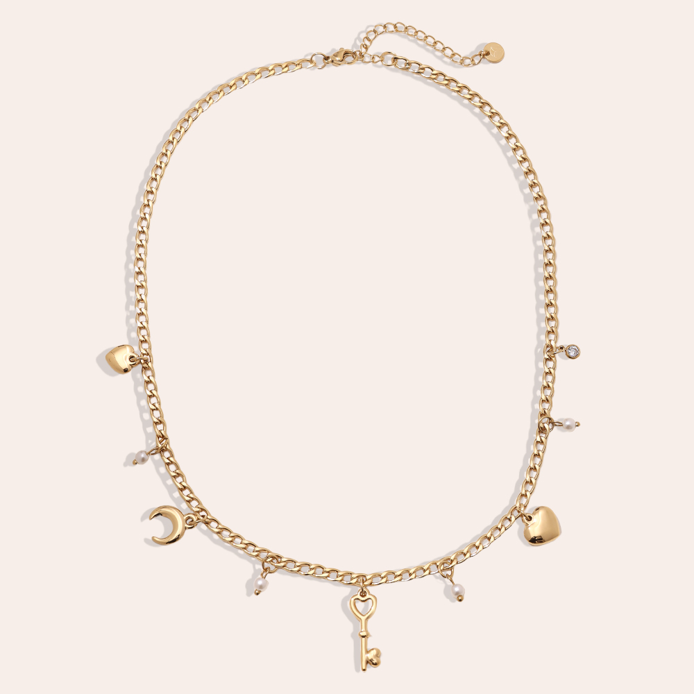 41cm heart moon key and pearl stainless steel necklace