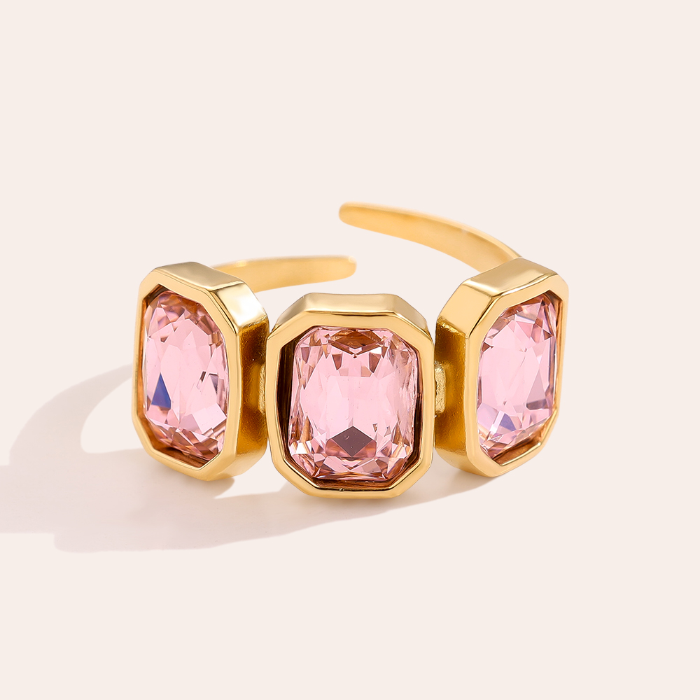 Adjustable open glass stone stainless steel ring 