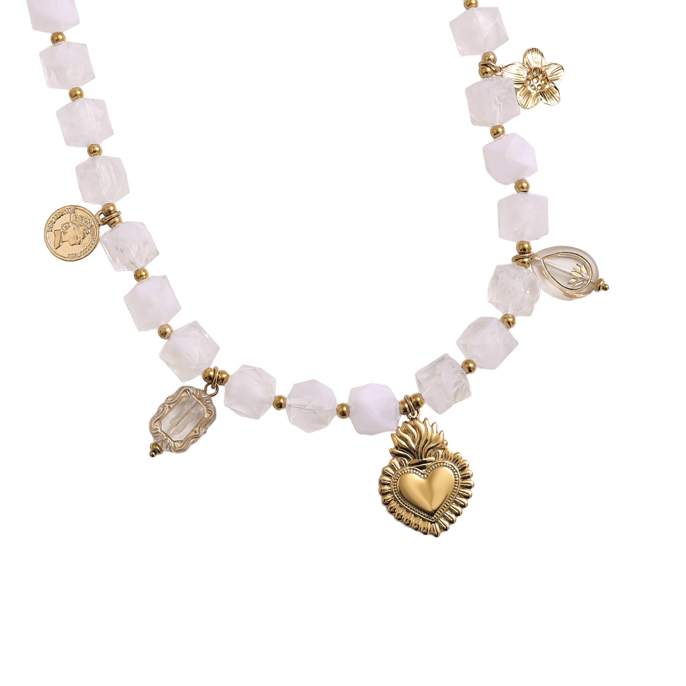 45cm chain with small acrylic cubes and golden flower, heart stainless steel necklace  