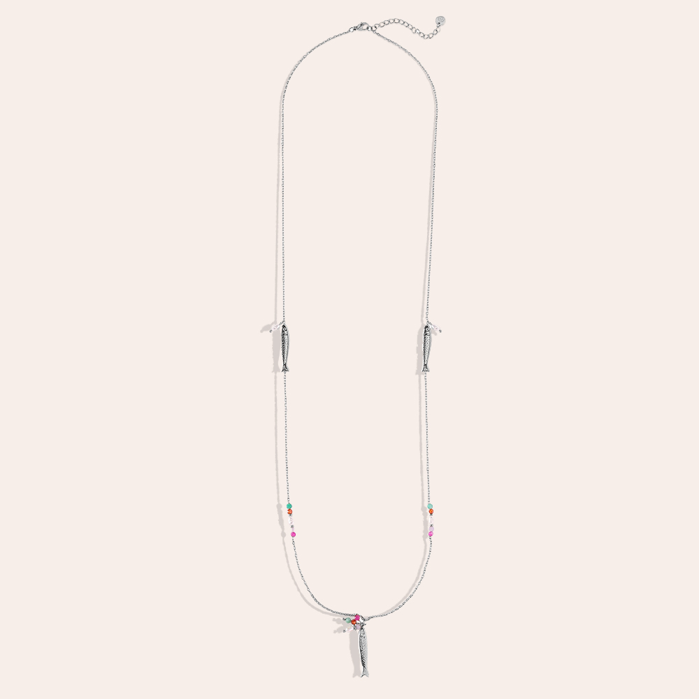 Stainless steel necklace, 80 cm, with a fish and colourful small beads