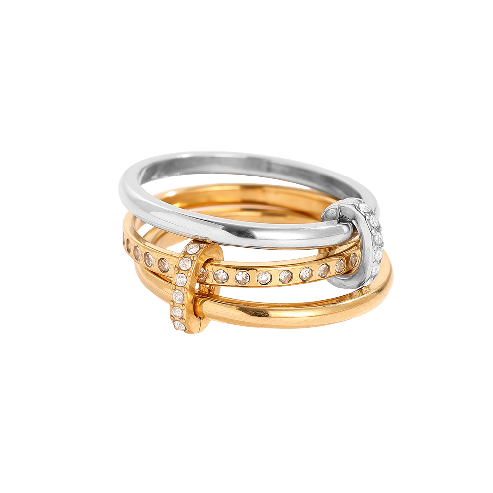 Three Layer Gold And Silver Diamond Ring Set With Lock Stainless Steel Ring    