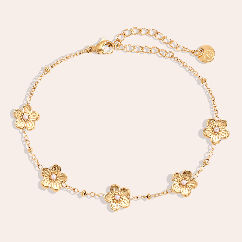 Stainless steel bracelet 17cm Five flowers with small faux pearls