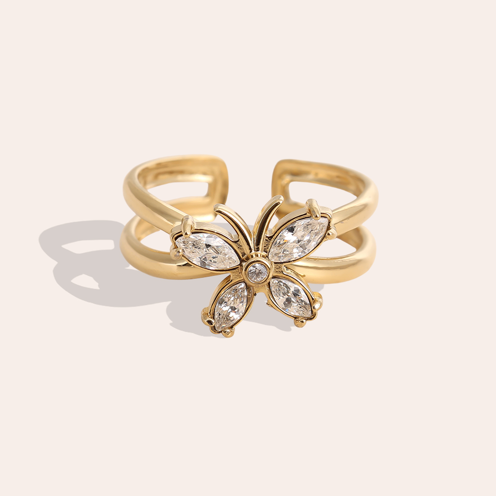 Adjustable zirconia butterfly stainless steel ring