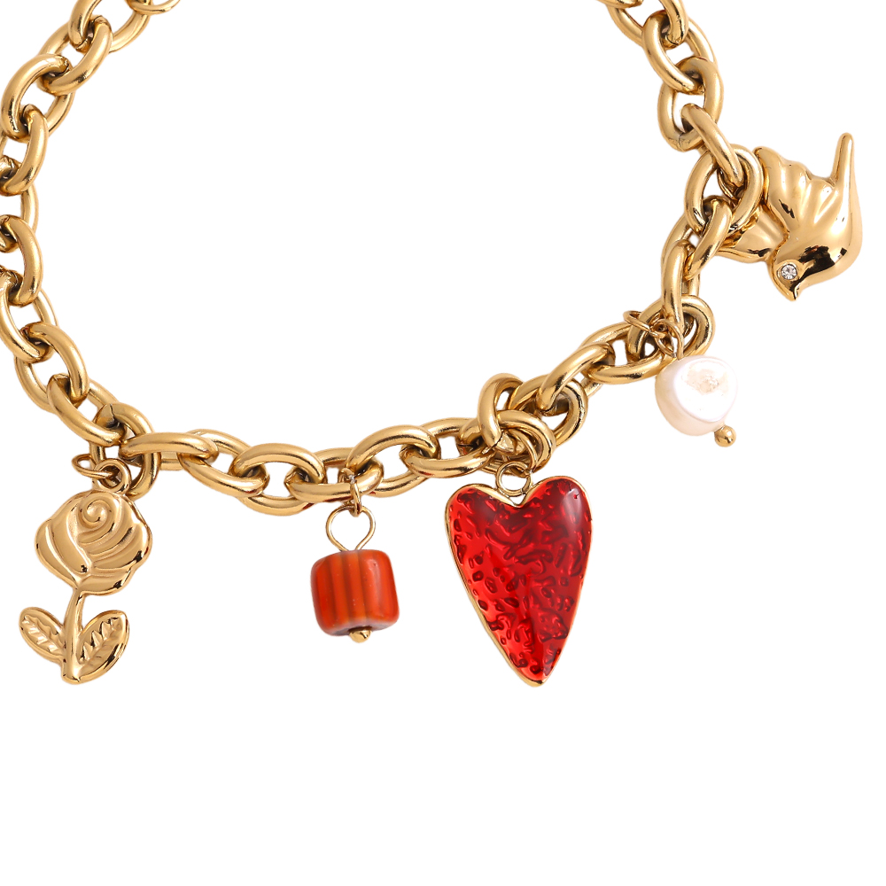 17cm red heart flower bead and flying dove stainless steel bracelet      