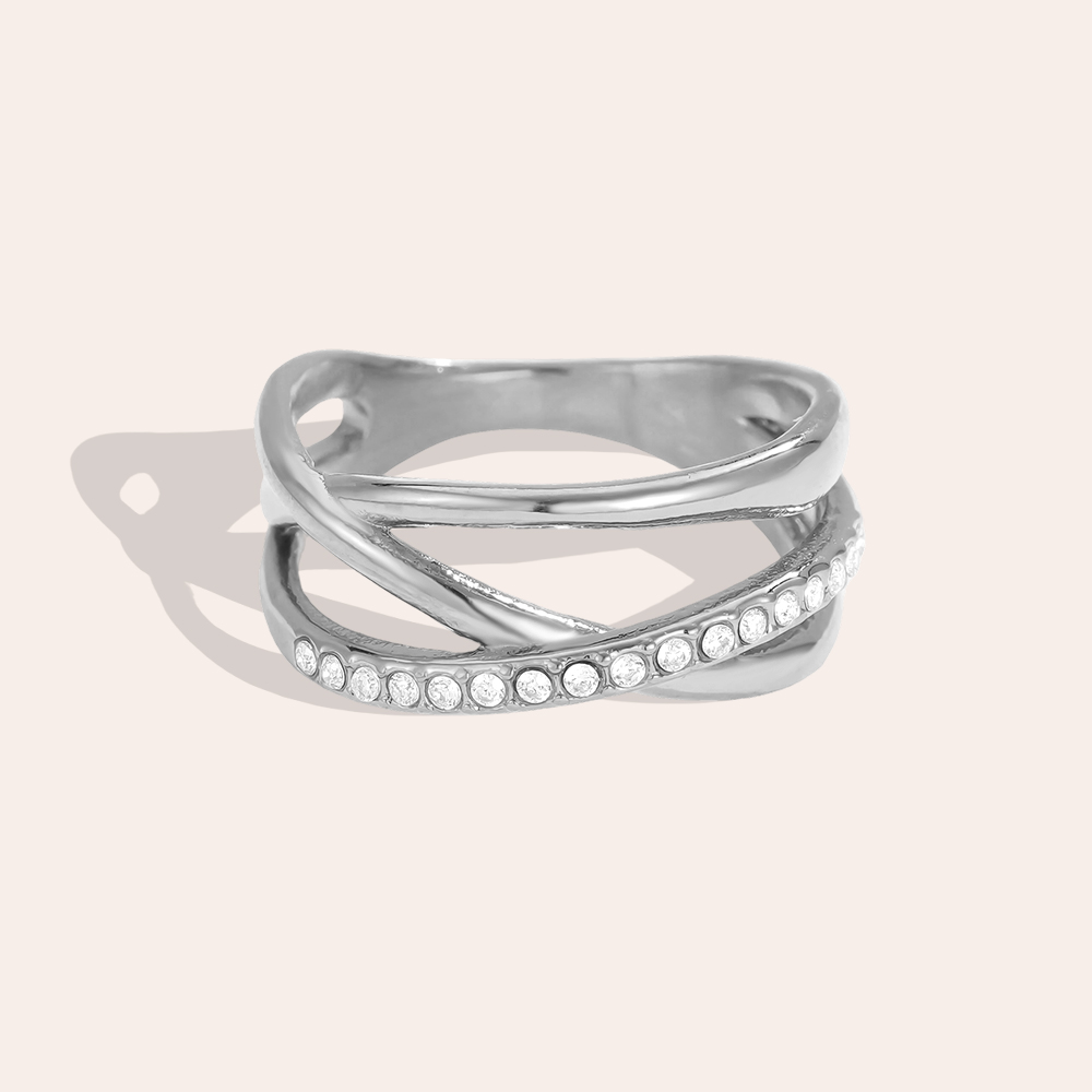 Crossed rhinestone stainless steel ring