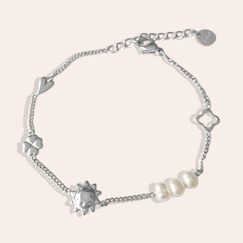 16cm sun clover heart and pearl stainless steel bracelet 