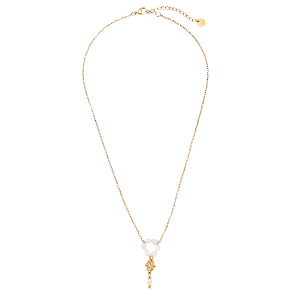 Stainless steel necklace, 42cm, with a beaded ring and a gold flower