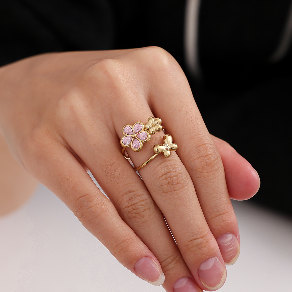 Adjustable glass stone flower butterfly stainless steel ring
