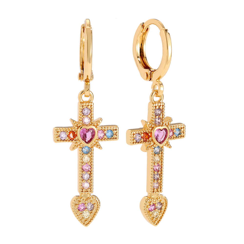 3.9cm Diamond Cross And Heart Gold Plated Earrings      
