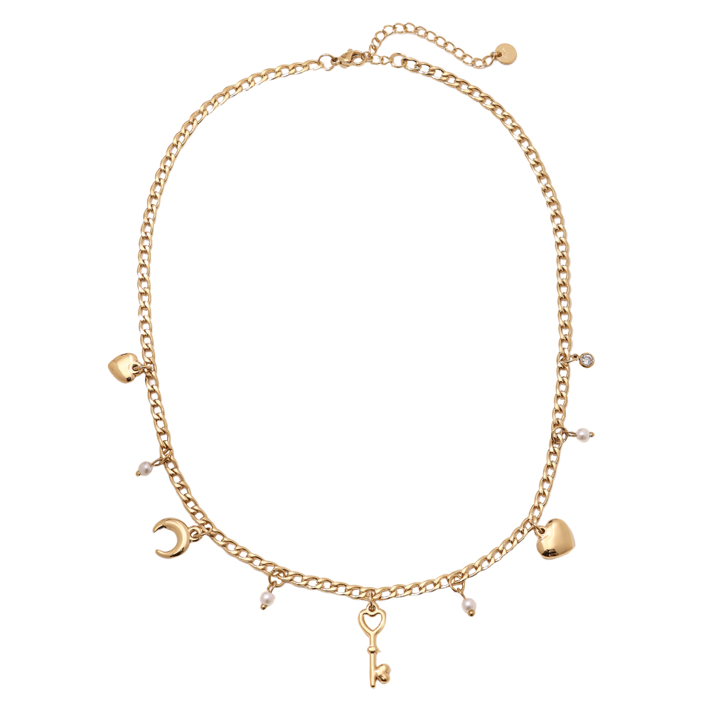 41cm heart moon key and pearl stainless steel necklace
