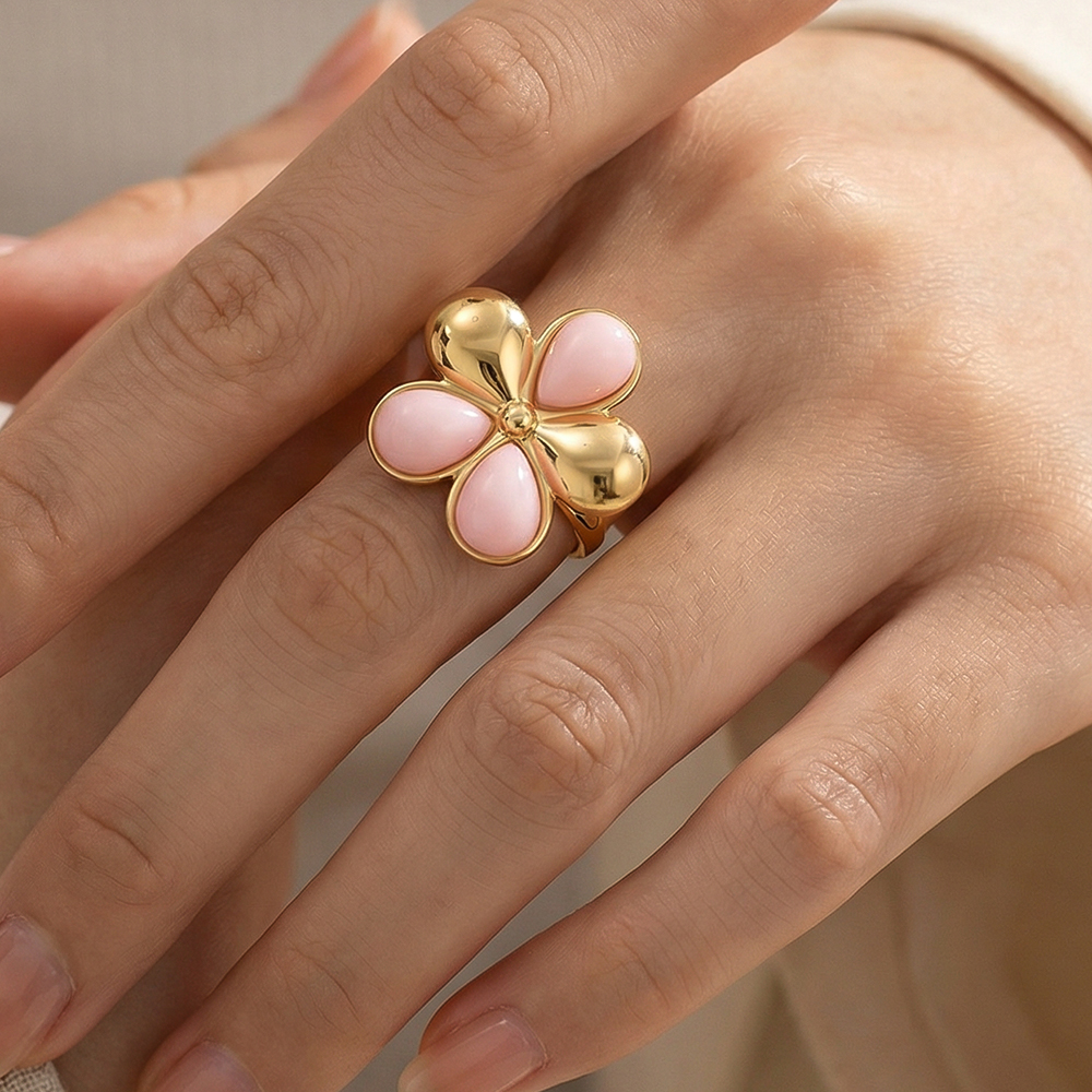 Stainless steel ring Adjustable pink flower