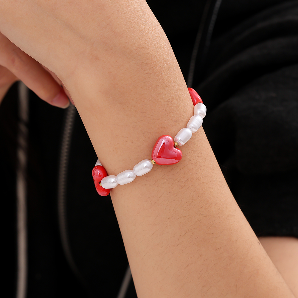 18cm Big Red Heart In Pearl Chain stainless steel bracelet     
