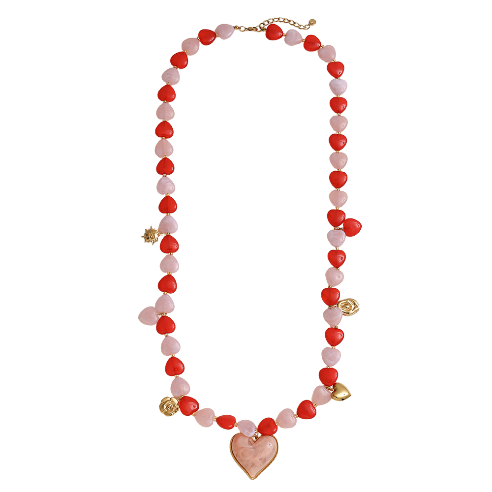 87cm small resin hearts and pendants stainless steel necklace     