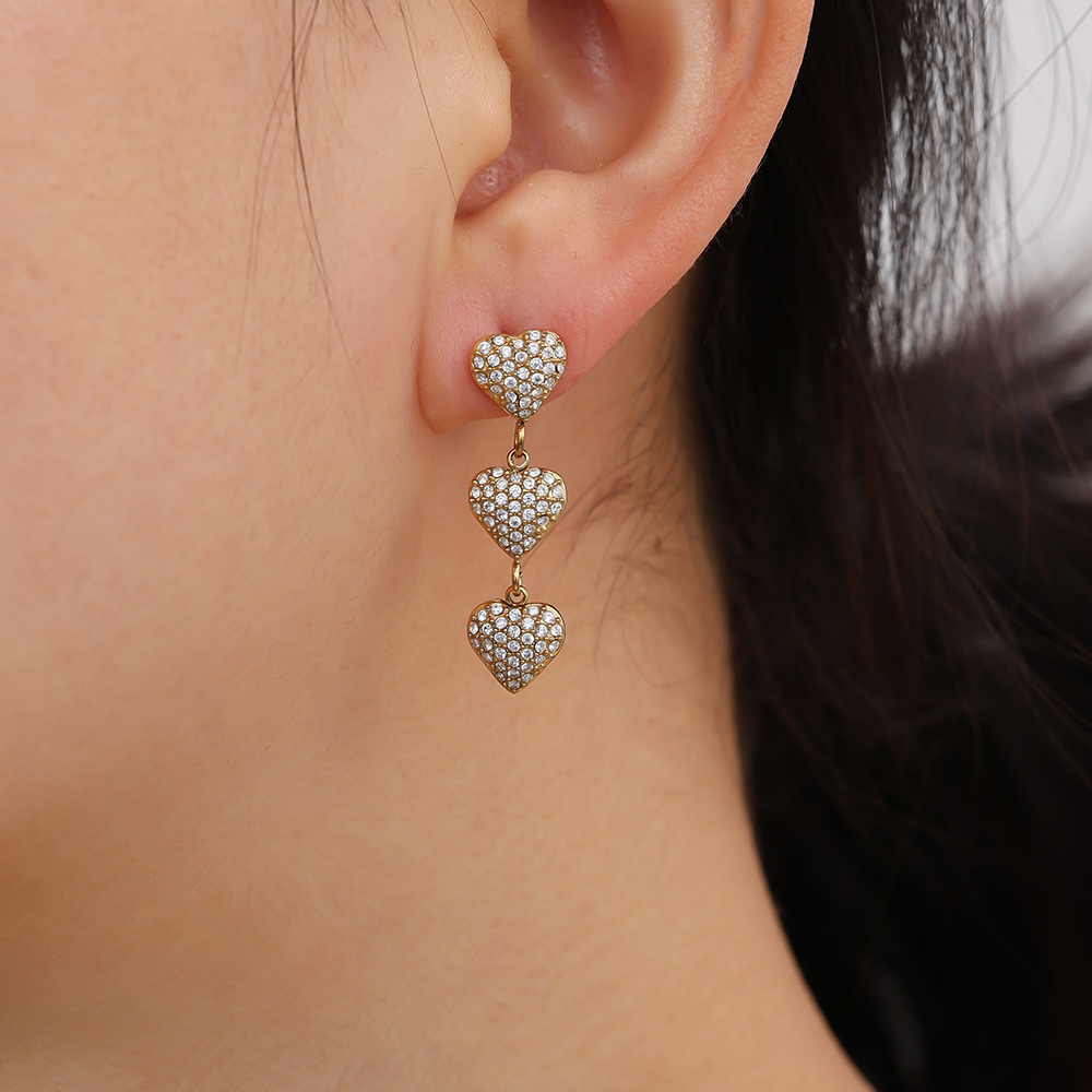 1*3.4cm Diamond Heart Chain Stainless Steel Earrings      