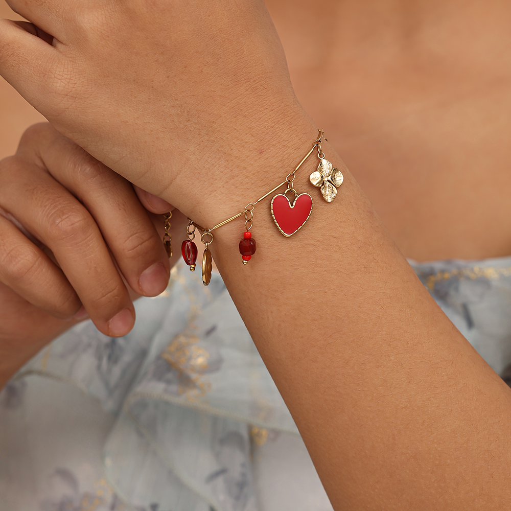 16cm red heart and flower stainless steel bracelet     