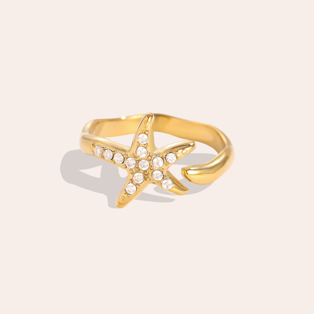 Adjustable rhinestone starfish stainless steel ring 