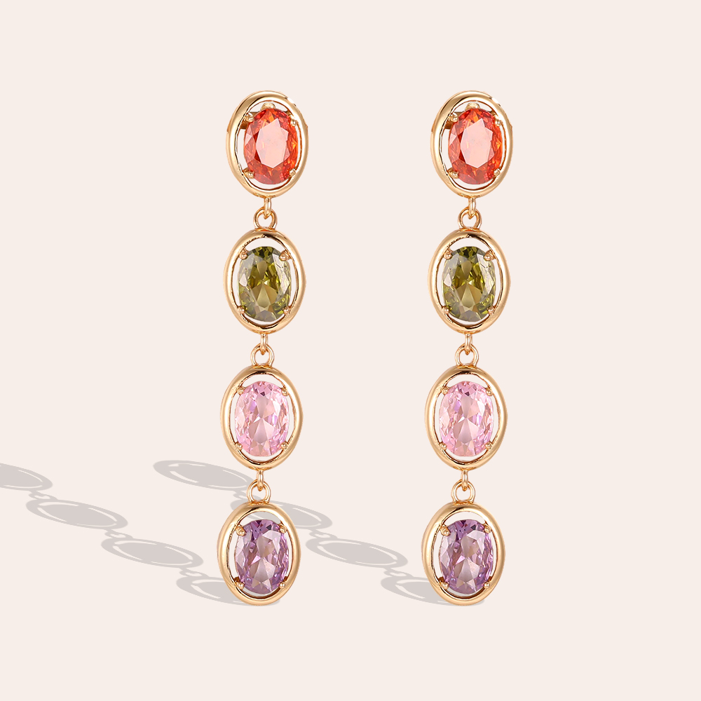 Gold-plated earrings, 48mm, featuring lots of colourful oval-cut cubic zirconia 