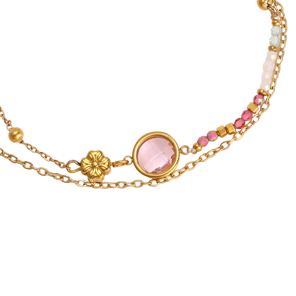 Stainless steel bracelet, 17 cm, with a round pink cubic zirconia and a small gold flower