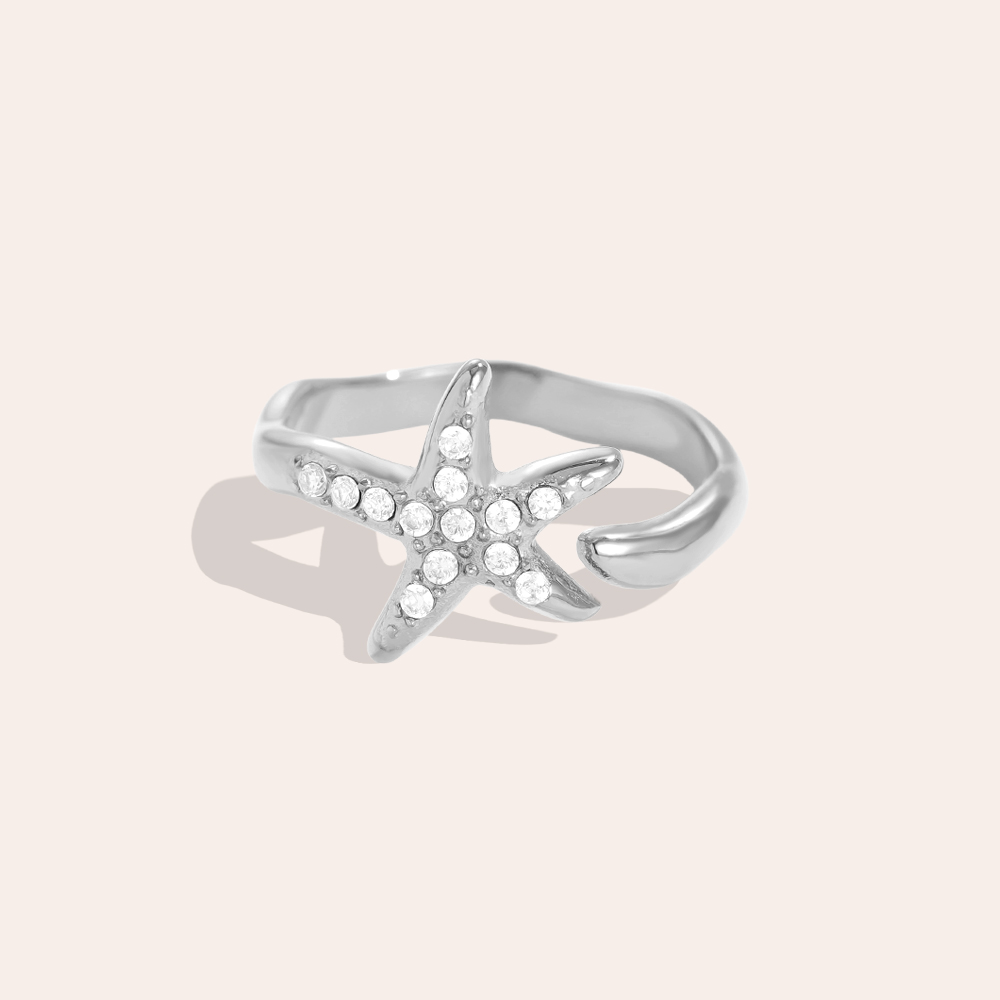 Adjustable rhinestone starfish stainless steel ring 