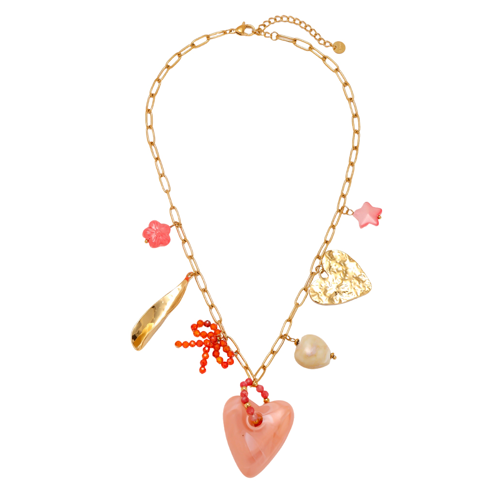 Stainless steel necklace, 40cm, with a pink acrylic heart and decorative elements