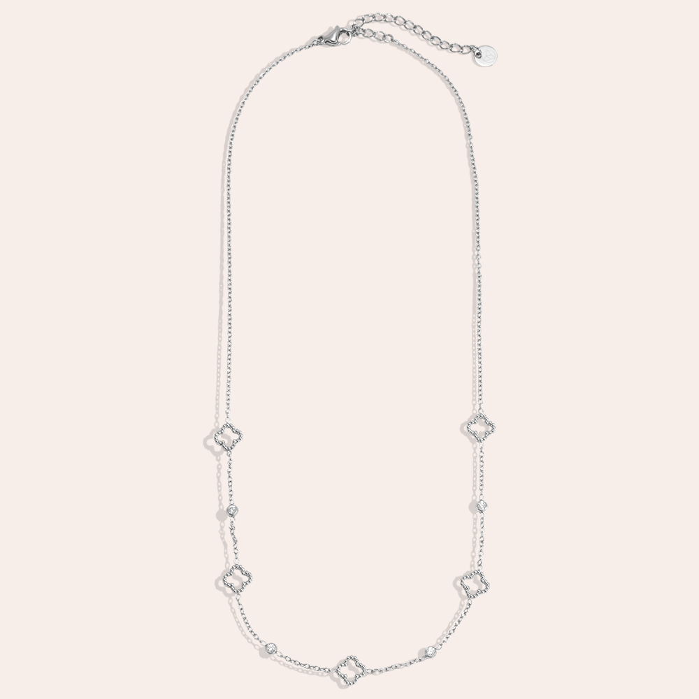 Stainless steel necklace, 39cm, small shamrock with mini cubic zirconia