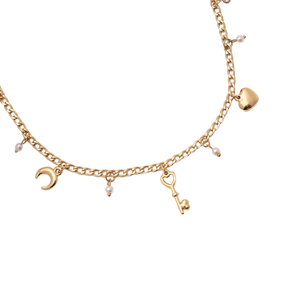 41cm heart moon key and pearl stainless steel necklace