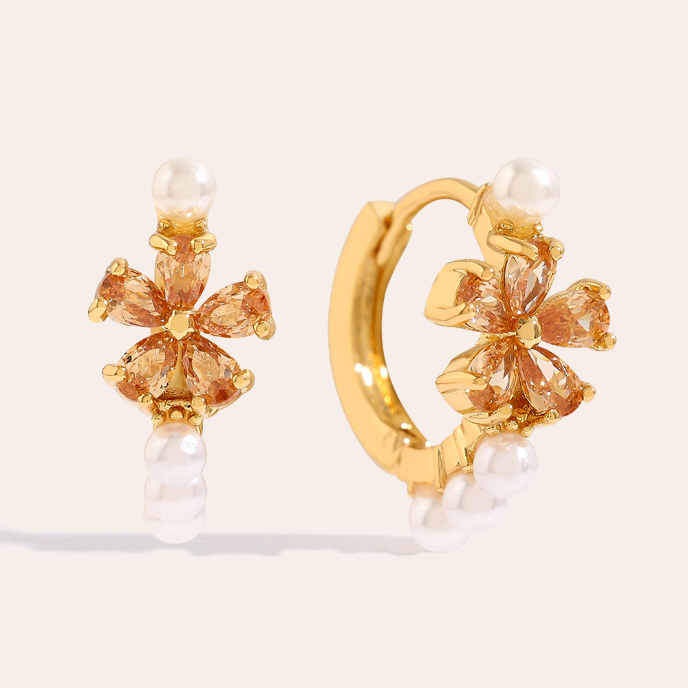 Gold-plated earrings 13mm Pearl Hoop With Diamond Flower