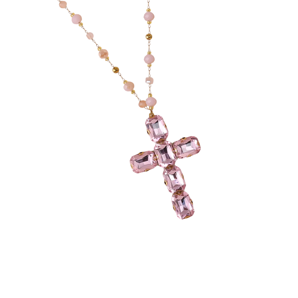 86cm Glass Crystal Cross Stainless Steel Necklaces